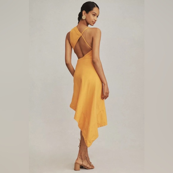 NWT! Anthropologie Sleeveless Asymmetrical Open-Back Linen Midi Dress - Yellow - Picture 2 of 5